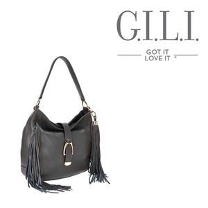 *G.I.L.I Taupe Tassel Large Pebbled Leather Genuine Leather Shoulder Bag